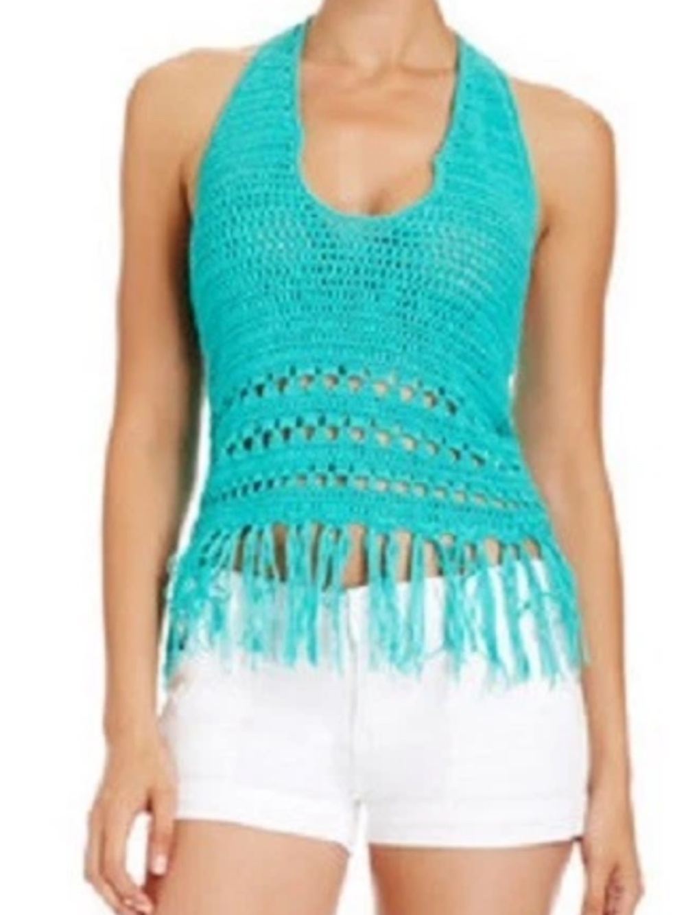 NWT Bebe 2b green crochet halter fringes top